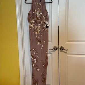 Rose gold sequined formal halter mermaid gown. Winter formal, wedding